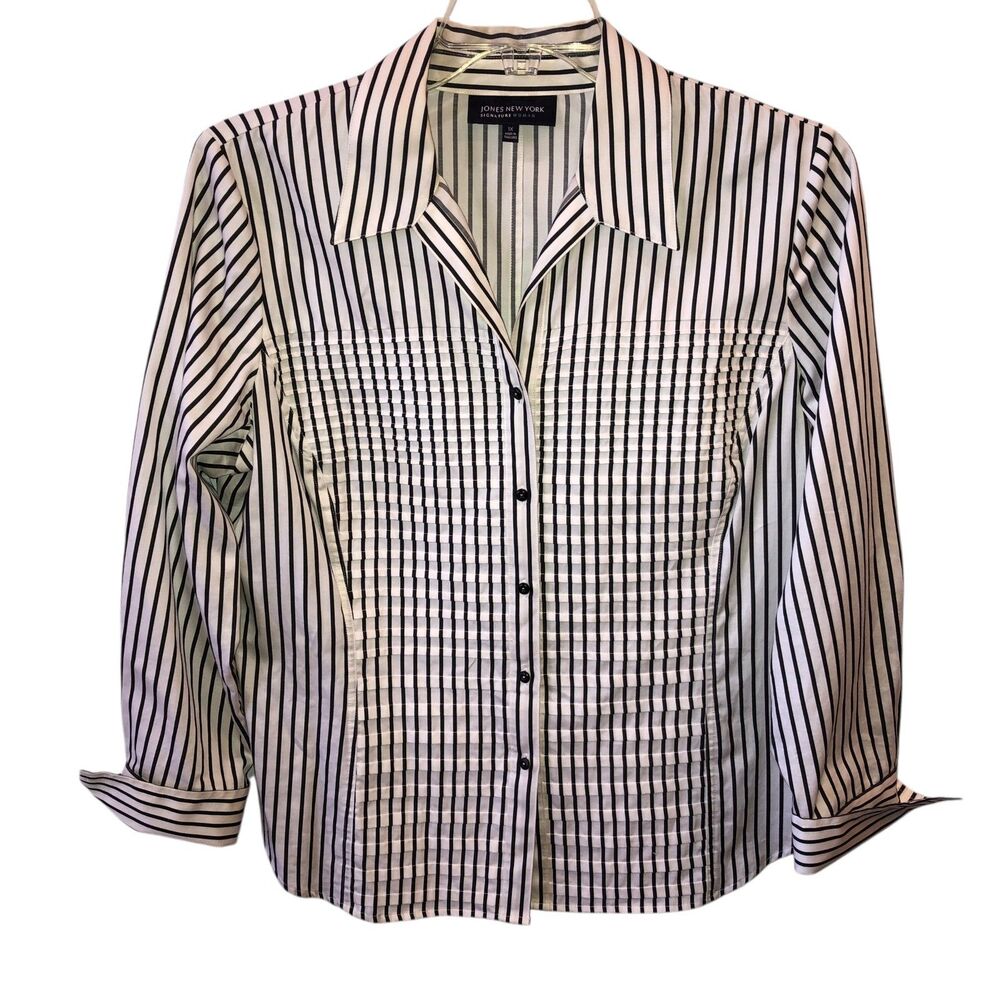 Jones New York Womens 1X Black White Striped Pleated Button Up Shirt Top Blouse